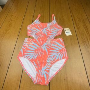 Salt Life Youth Girls‎ One Piece Swimsuit Y16 Coral Blue Palm Leaf Cut Out NEW